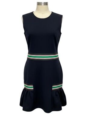 CHRISTOPHER KANE NAVY BLUE STRETCH KNIT PEPLUM HEM DRESS WITH GREEN STRIPE ELAST